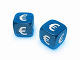 pair of translucent blue dice with euro sign