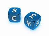 pair of translucent blue dice with currency sign
