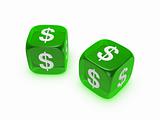 pair of translucent green dice with dollar sign