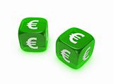 pair of translucent green dice with euro sign