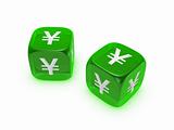 pair of translucent green dice with yen sign
