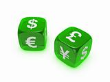 pair of translucent green dice with currency sign
