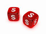pair of translucent red dice with dollar sign