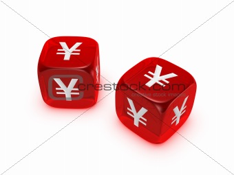 pair of translucent red dice with yen sign