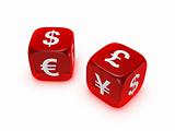 pair of translucent red dice with currency sign