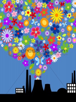 Factory with colorful flower smoke