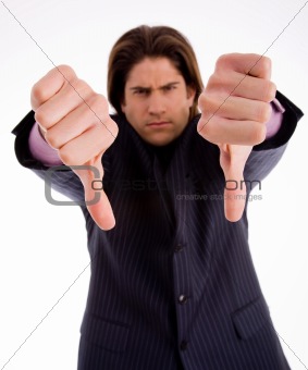 man wearing suit with thumbs down