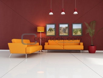 orange couch in modern living room