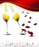 two glasses of champagne with falling rose petals