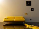 Interior - Yello velvet, sofa and time zone clock