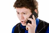 Close-up portrait of upset man talking with mobile phone isolate