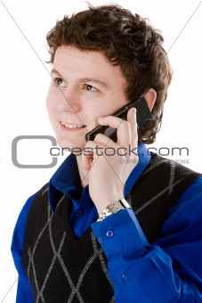 Happy man talking with mobile phone isolated on white