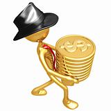 Businessman Carrying Stack Of Gold Dollar Coins