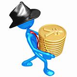 Businessman Carrying Stack Of Gold Yen Coins