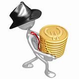 Businessman Carrying Stack Of Gold Euro Coins