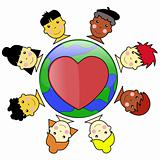 Multicultural Kid Faces United Around Earth Globe Illustration Vector