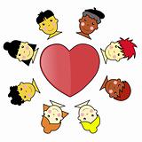Multicultural Kid Faces United Around Heart Illustration Vector