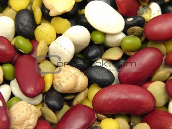 A close-up view on mixed and colourful legumes