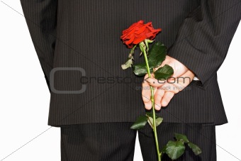 man hiding back red rose
