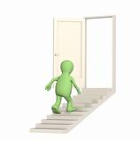 Puppet walking upstairs to an open door