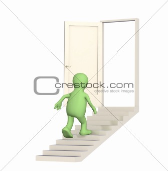 Puppet walking upstairs to an open door