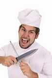 Mad chef sharpening a knife 