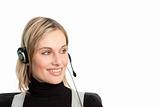 Pretty business woman talking on headset