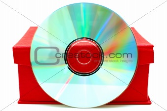Compact-disk (CD or DVD) and red cardboard box.