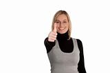 Woman thumbs up to camera