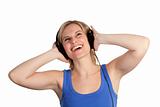 woman listening to music being happy 