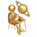 Golden Student With A Planet Above School Desk