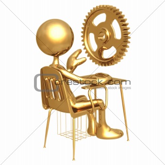 Golden Student With A Gear Above School Desk