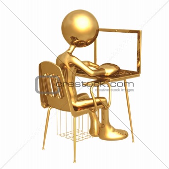 Golden Student With Laptop At School Desk