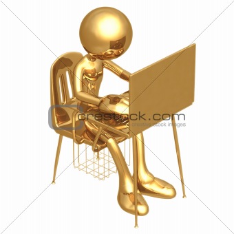 Golden Student With Laptop At School Desk
