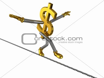Dollar sign walks on a steel rope