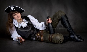 Girl - pirate with pistol and bottle