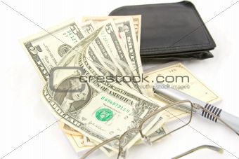 money wallet pen check book and glasses