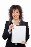 Business woman showing a blank sheet