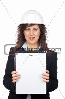 Female architect showing a notebook