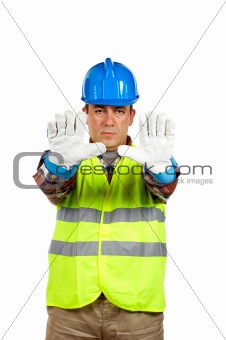 Construction worker with gloves, order to stop