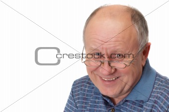 Bald senior man with laughing. Emotional portraits series. Isolated on white.