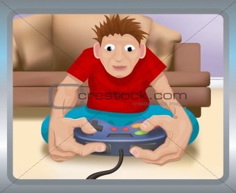 A boy playing on a games console