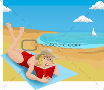 A woman sunbathing and reading on a beach.