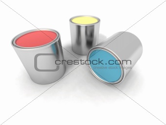 red, blue and yellow paint cans