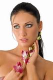 brunette with red orchid
