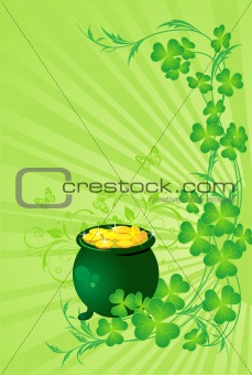 St. patrick's day background with pot of gold and Four Leaf Clov
