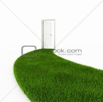 Open door with grass footpath