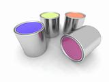 blue, yellow, orange and purple paint cans