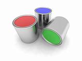 red, blue and green paint cans
