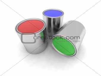 red, blue and green paint cans
